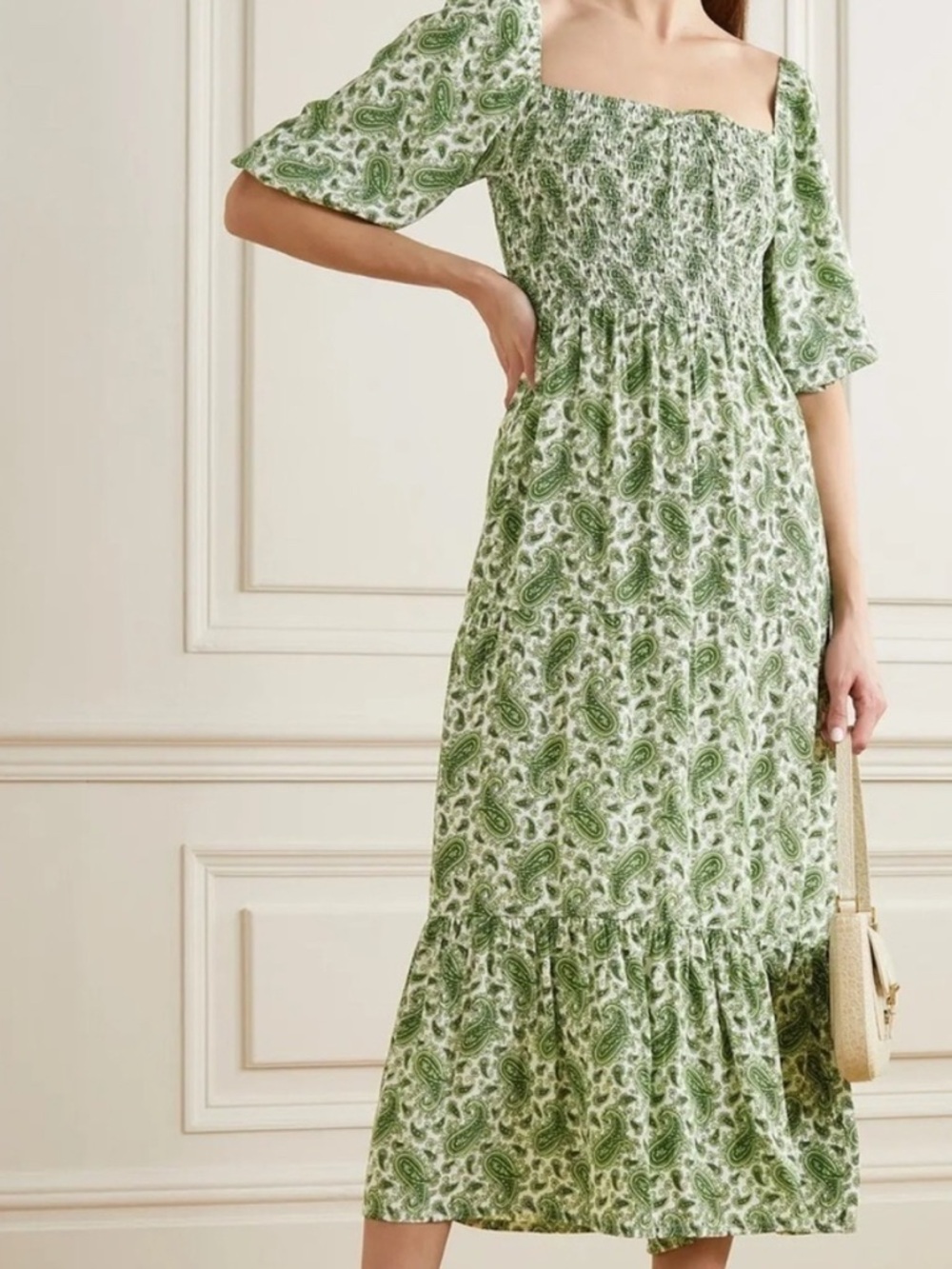 FAITHFULL THE‎ BRAND Le Galet Milkmaid Midi Dress in Sable Paisley